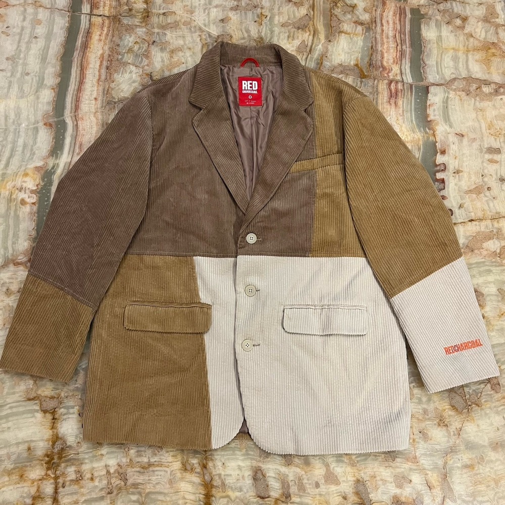 Red Charcoal Colorblock Corduroy Jacket Men's Medium Button Front Patchwork Coat